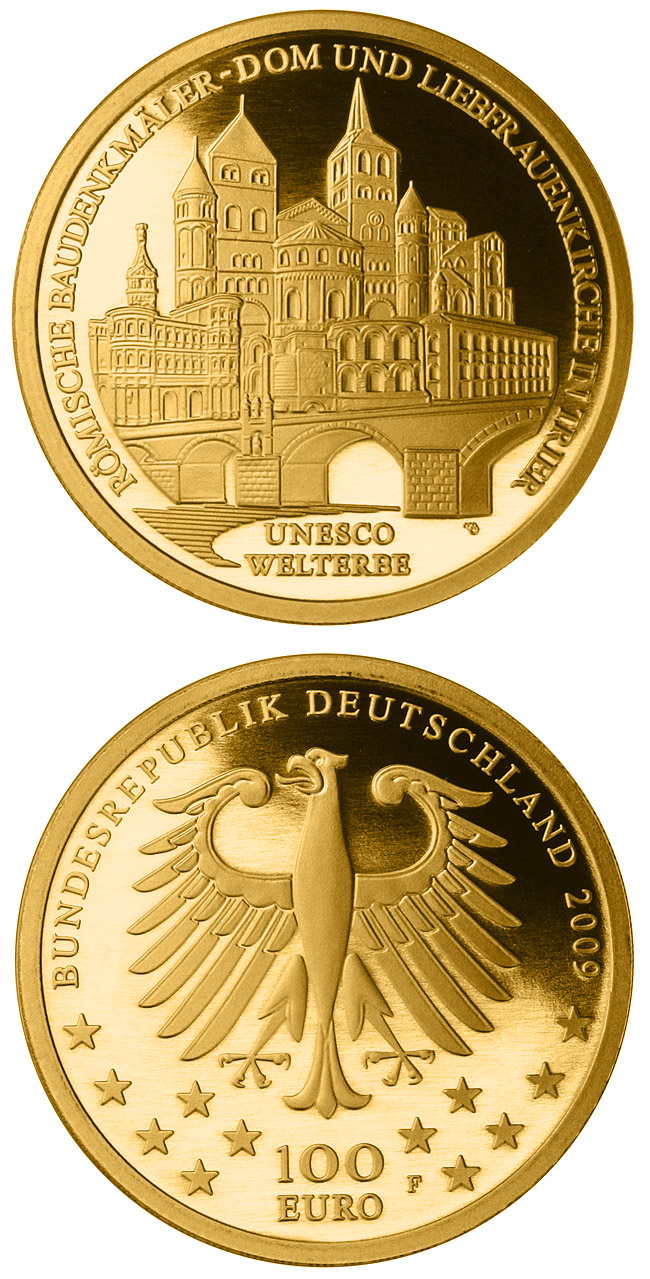 Image of 100 euro coin - UNESCO Welterbe Trier | Germany 2009.  The Gold coin is of Proof quality.