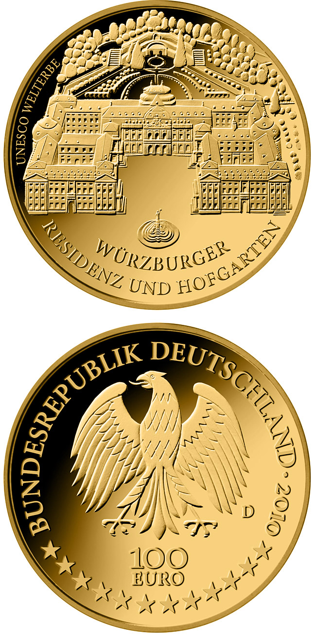 Image of 100 euro coin - UNESCO Welterbe Würzburg  | Germany 2010.  The Gold coin is of Proof quality.