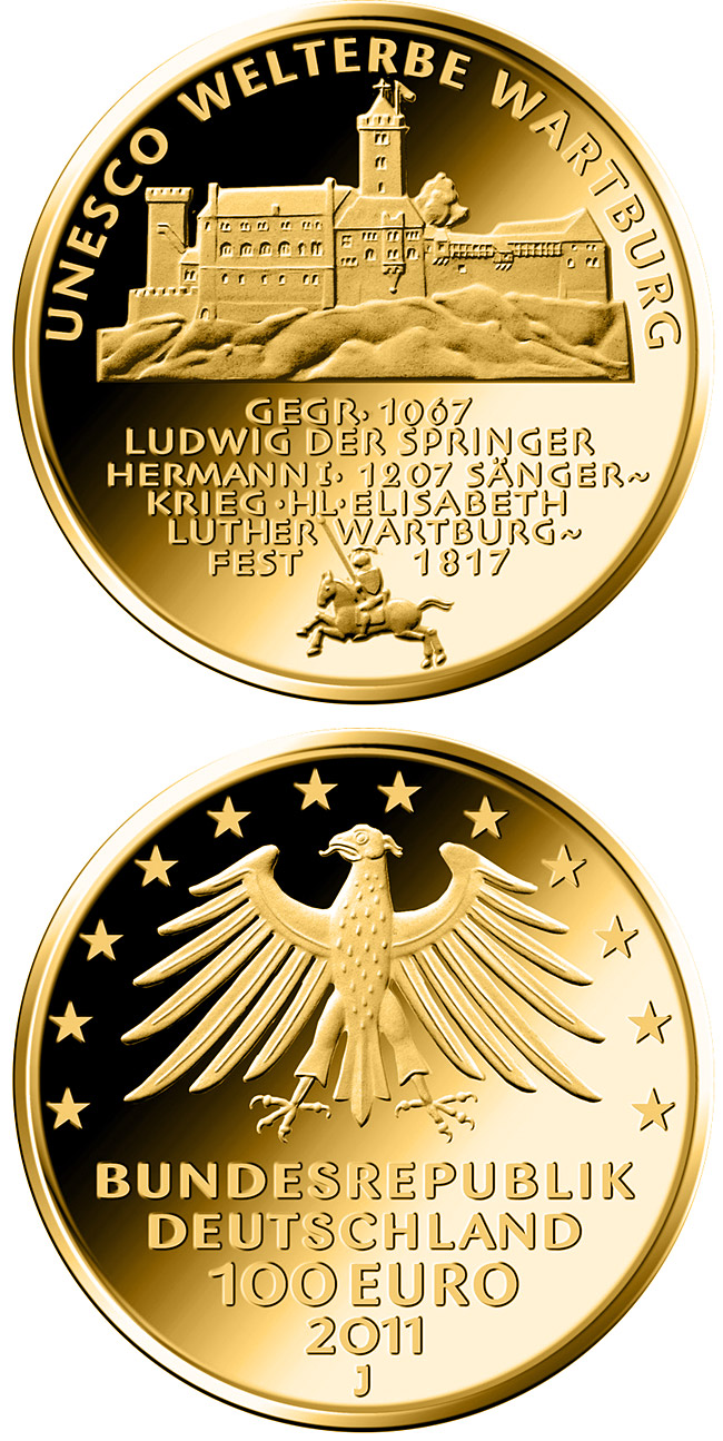 Image of 100 euro coin - UNESCO Welterbe Wartburg | Germany 2011.  The Gold coin is of Proof quality.