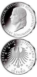 Image of 10 euro coin - 200.Geburtstag Robert Schumann | Germany 2010.  The Silver coin is of Proof, BU quality.