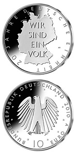 Image of 10 euro coin - 20 Jahre Deutsche Einheit | Germany 2010.  The Silver coin is of Proof, BU quality.
