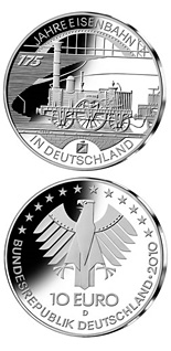 Image of 10 euro coin - 175 Jahre Eisenbahn in Deutschland | Germany 2010.  The Silver coin is of Proof, BU quality.
