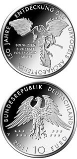 Image of 10 euro coin - 150 Jahre Entdeckung des Urvogels Archaeopteryx | Germany 2011.  The Silver coin is of Proof, BU quality.