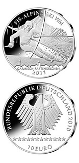 Image of 10 euro coin - Alpine Ski-WM 2011 | Germany 2010.  The Silver coin is of Proof, BU quality.