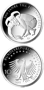 Image of 10 euro coin - 500 Jahre Till Eulenspiegel | Germany 2011.  The Silver coin is of Proof, BU quality.