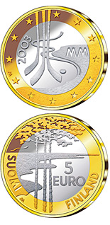 Image of 5 euro coin - Ice Hockey World Championships 2003 | Finland 2003.  The Bimetal: CuNi, nordic gold coin is of Proof, BU quality.
