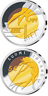 Image of 5 euro coin - 10th IAAF World Championships in Athletics | Finland 2005.  The Bimetal: CuNi, nordic gold coin is of Proof, BU quality.