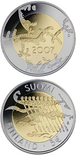 Image of 5 euro coin - 90th Anniversary of Finland's Declaration of Independence | Finland 2007.  The Bimetal: CuNi, nordic gold coin is of Proof, BU quality.
