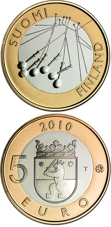 Image of 5 euro coin - Satakunta Provincial Coin  | Finland 2010.  The Bimetal: CuNi, nordic gold coin is of Proof, BU quality.