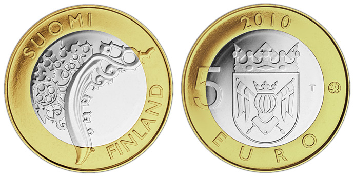 Image of 5 euro coin - Finland Proper Provincial Coin  | Finland 2010.  The Bimetal: CuNi, nordic gold coin is of Proof, BU quality.