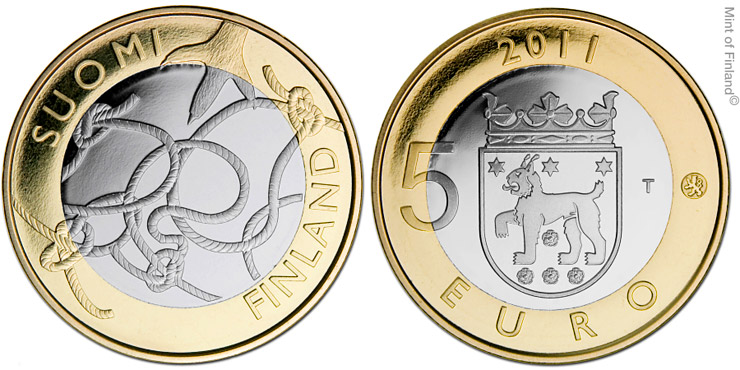 Image of 5 euro coin - Tavastia Provincial Coin  | Finland 2011.  The Bimetal: CuNi, nordic gold coin is of Proof, BU quality.