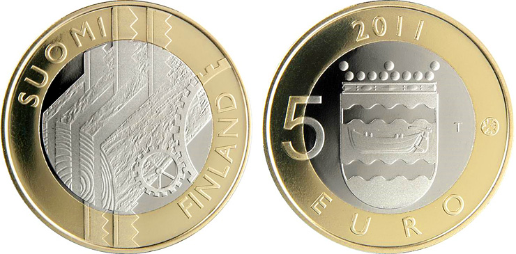 Image of 5 euro coin - Uusimaa Provincial Coin  | Finland 2011.  The Bimetal: CuNi, nordic gold coin is of Proof, BU quality.