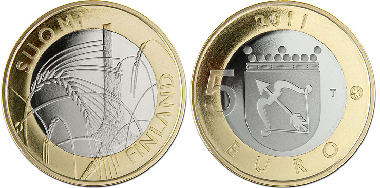 Image of 5 euro coin - Savonia Provincial Coin  | Finland 2011.  The Bimetal: CuNi, nordic gold coin is of Proof, BU quality.