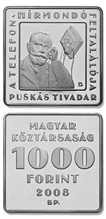 Image of 1000 forint coin - 115th Anniversary of the Telephone Newspaper | Hungary 2008.  The Copper–Nickel (CuNi) coin is of Proof, BU quality.