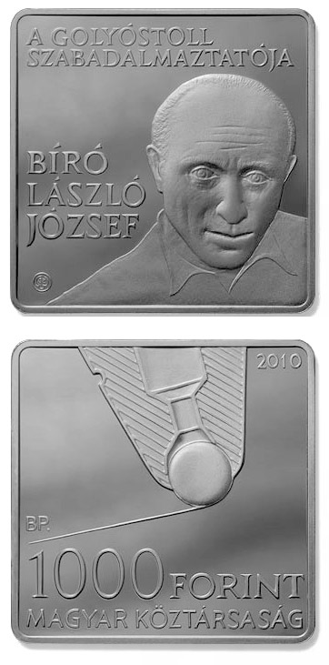 Image of 1000 forint coin - László Bíró, inventor of the ballpoint pen | Hungary 2010.  The Copper–Nickel (CuNi) coin is of Proof, BU quality.