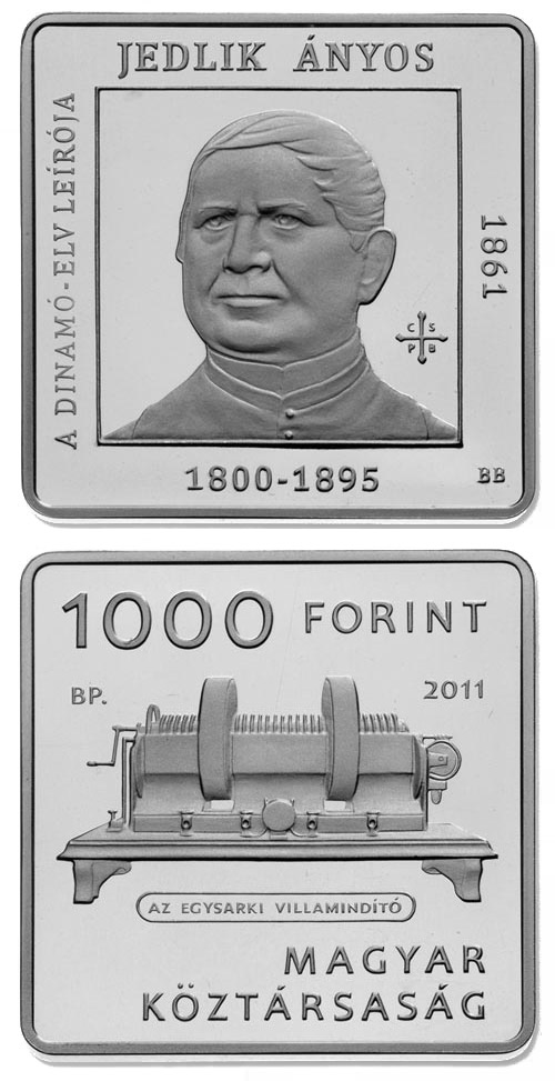Image of 1000 forint coin - 150th anniversary of Ányos Jedlik  | Hungary 2011.  The Copper–Nickel (CuNi) coin is of Proof, BU quality.