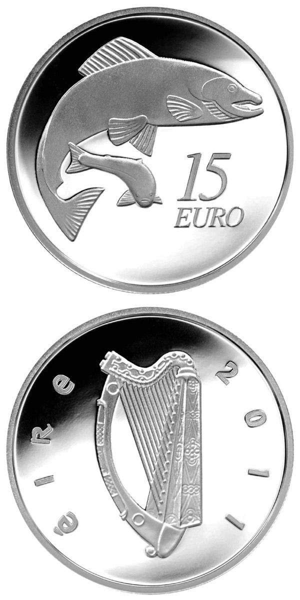 Image of 15 euro coin - The Salmon | Ireland 2011.  The Silver coin is of Proof quality.