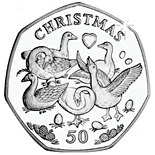Image of 50 pence coin - Six geese a laying | Isle of Man 2010.  The Gold coin is of Proof, BU, UNC quality.