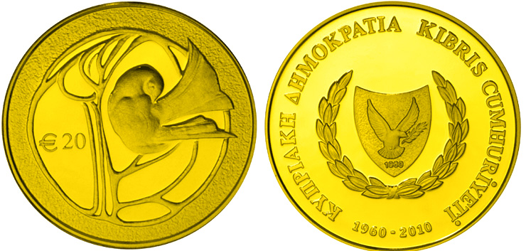 Image of 20 euro coin - 50th anniversary of the Republic of Cyprus | Cyprus 2010.  The Gold coin is of Proof quality.