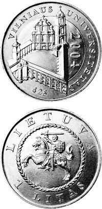 Image of 1 litas coin - 425th anniversary of Vilnius University | Lithuania 2004.  The Copper–Nickel (CuNi) coin is of UNC quality.