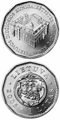 Image of 1 litas coin - 150th anniversary of the National Museum of Lithuania  | Lithuania 2005.  The Copper–Nickel (CuNi) coin is of UNC quality.