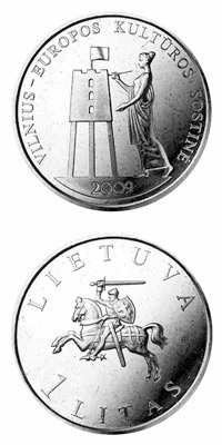 Image of 1 litas coin - European Capital of Culture 2009 | Lithuania 2009.  The Copper–Nickel (CuNi) coin is of UNC quality.
