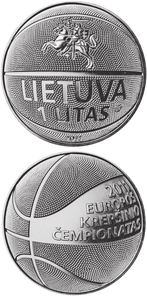 Image of 1 litas coin - Basketball | Lithuania 2011.  The Copper–Nickel (CuNi) coin is of UNC quality.