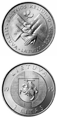 Image of 1 litas coin - 10th Anniversary of the Baltic Way | Lithuania 1999.  The Copper–Nickel (CuNi) coin is of UNC quality.