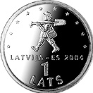 Image of 1 lats coin - Sprīdītis | Latvia 2004.  The Copper–Nickel (CuNi) coin is of UNC quality.