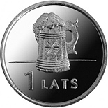 Image of 1 lats coin - Beer mug | Latvia 2011.  The Copper–Nickel (CuNi) coin is of UNC quality.