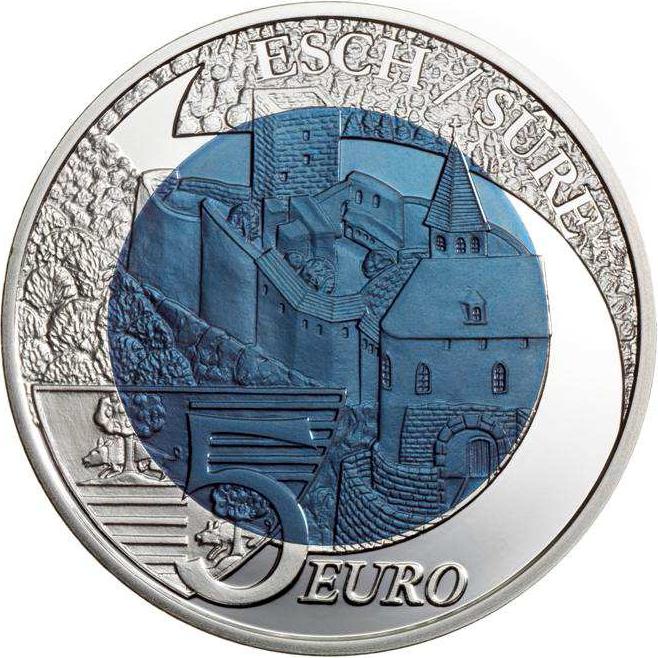 Image of 5 euro coin - Castle of Esch-Sur-Sure | Luxembourg 2010.  The Bimetal: silver, niobium coin is of BU quality.