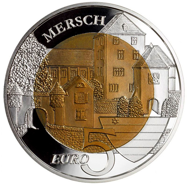 Image of 5 euro coin - Le Château de Mersch | Luxembourg 2011.  The Bimetal: silver, niobium coin is of BU quality.