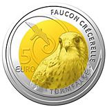 Image of 5 euro coin - Common Kestrel | Luxembourg 2009.  The Bimetal: silver, nordic gold coin is of Proof quality.