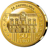 Image of 50 euro coin - La Castellania | Malta 2009.  The Gold coin is of Proof quality.
