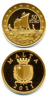 Image of 50 euro coin - The Phoenicians in Malta | Malta 2011.  The Gold coin is of Proof quality.