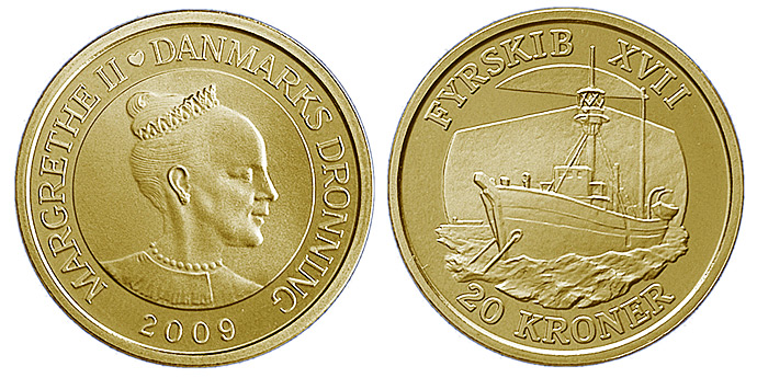 Image of 20 krone coin - Lightship XVII | Denmark 2009.  The Nordic gold (CuZnAl) coin is of Proof, BU, UNC quality.