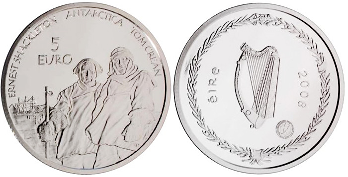 Image of 5 euro coin - Polar Year | Ireland 2008.  The Silver coin is of Proof quality.