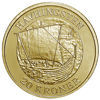 Image of 20 krone coin - The Sea Stallion | Denmark 2008.  The Nordic gold (CuZnAl) coin is of Proof, BU, UNC quality.