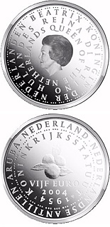 Image of 5 euro coin - 50 years Statute of the Kingdom of Netherlands  | Netherlands 2004.  The Silver coin is of Proof, UNC quality.