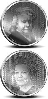 Image of 5 euro coin - 400. birthday of Rembrandt Harmenszoon van Rijn  | Netherlands 2006.  The Silver coin is of Proof, UNC quality.