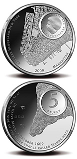 Image of 5 euro coin - Manhattan 400 Years | Netherlands 2009.  The Silver coin is of Proof, UNC quality.