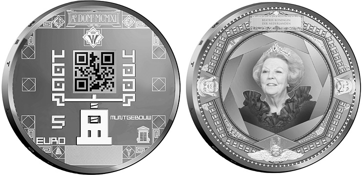 Image of 5 euro coin - 100 year Muntgebouw | Netherlands 2011.  The Silver coin is of Proof, UNC quality.