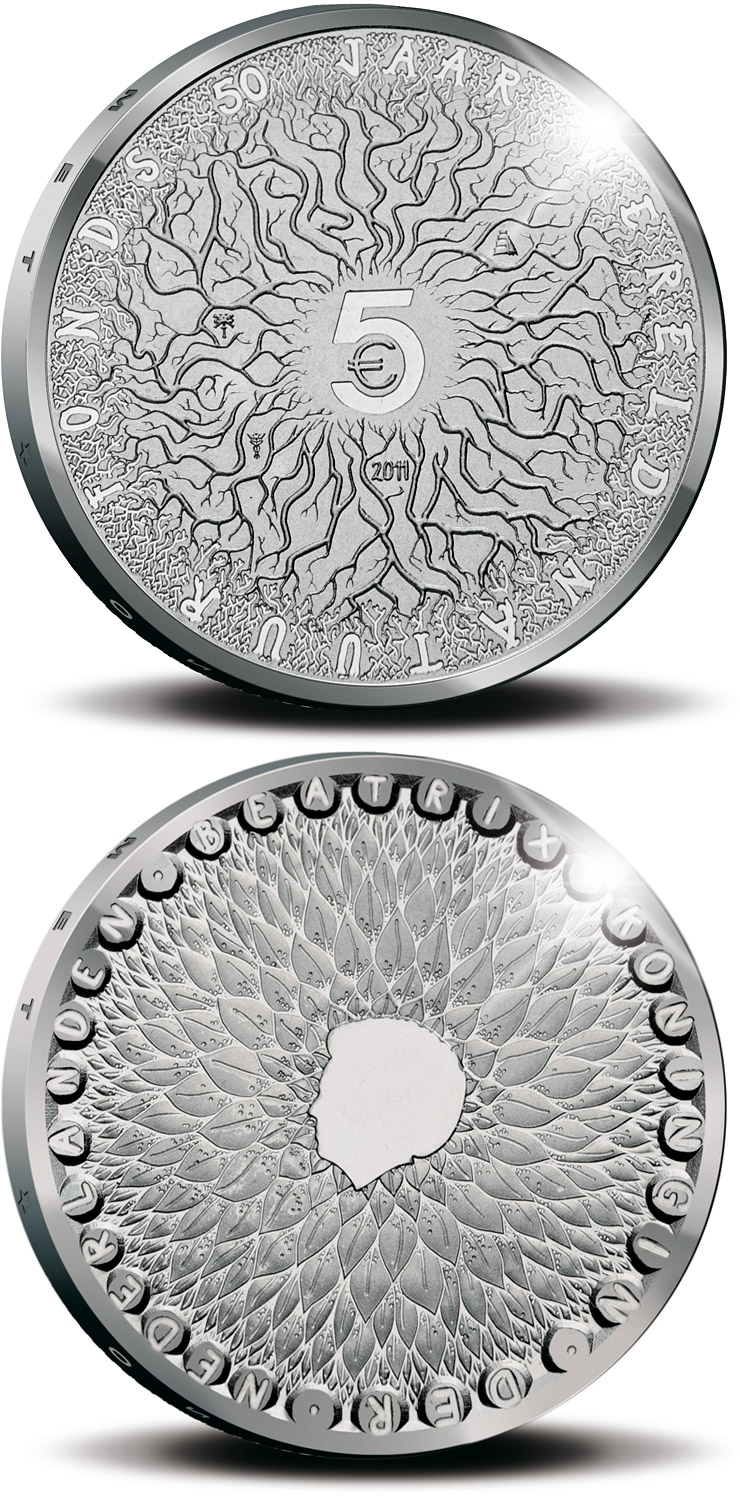 Image of 5 euro coin - 50th Anniversary of the World Wildlife Fund (WWF)  | Netherlands 2011.  The Silver coin is of Proof, UNC quality.