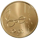 Image of 10 krone coin - 200th anniversary of Henrik Wergeland | Norway 2008.  The Nordic gold (CuZnAl) coin is of BU, UNC quality.
