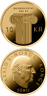 Image of 10 krone coin - 200th anniversary of the founding of Norway’s first university | Norway 2011.  The Nordic gold (CuZnAl) coin is of BU, UNC quality.