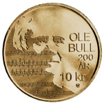 Image of 10 krone coin - 200th anniversary ot birth Ole Bull | Norway 2010.  The Nordic gold (CuZnAl) coin is of BU, UNC quality.