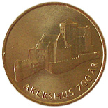 Image of 20 krone coin - 700th Anniversary - Akershus Fortress | Norway 1999.  The Nordic gold (CuZnAl) coin is of BU, UNC quality.