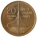 Image of 20 krone coin - 1000 Years commeoration for discovering Vinland  | Norway 1999.  The Nordic gold (CuZnAl) coin is of BU, UNC quality.