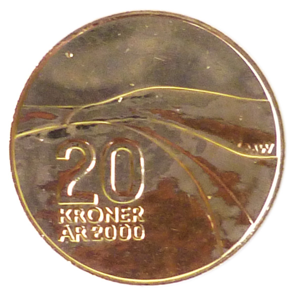 Image of 20 krone coin - Ibsen anniversary | Norway 2006.  The Nordic gold (CuZnAl) coin is of BU, UNC quality.