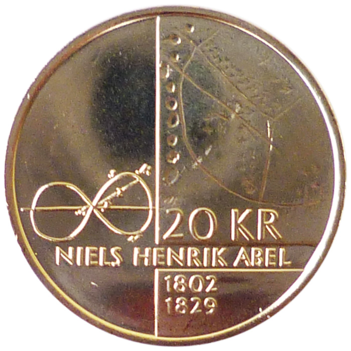 Image of 20 krone coin - Niels Henrik Abel | Norway 2002.  The Nordic gold (CuZnAl) coin is of BU, UNC quality.